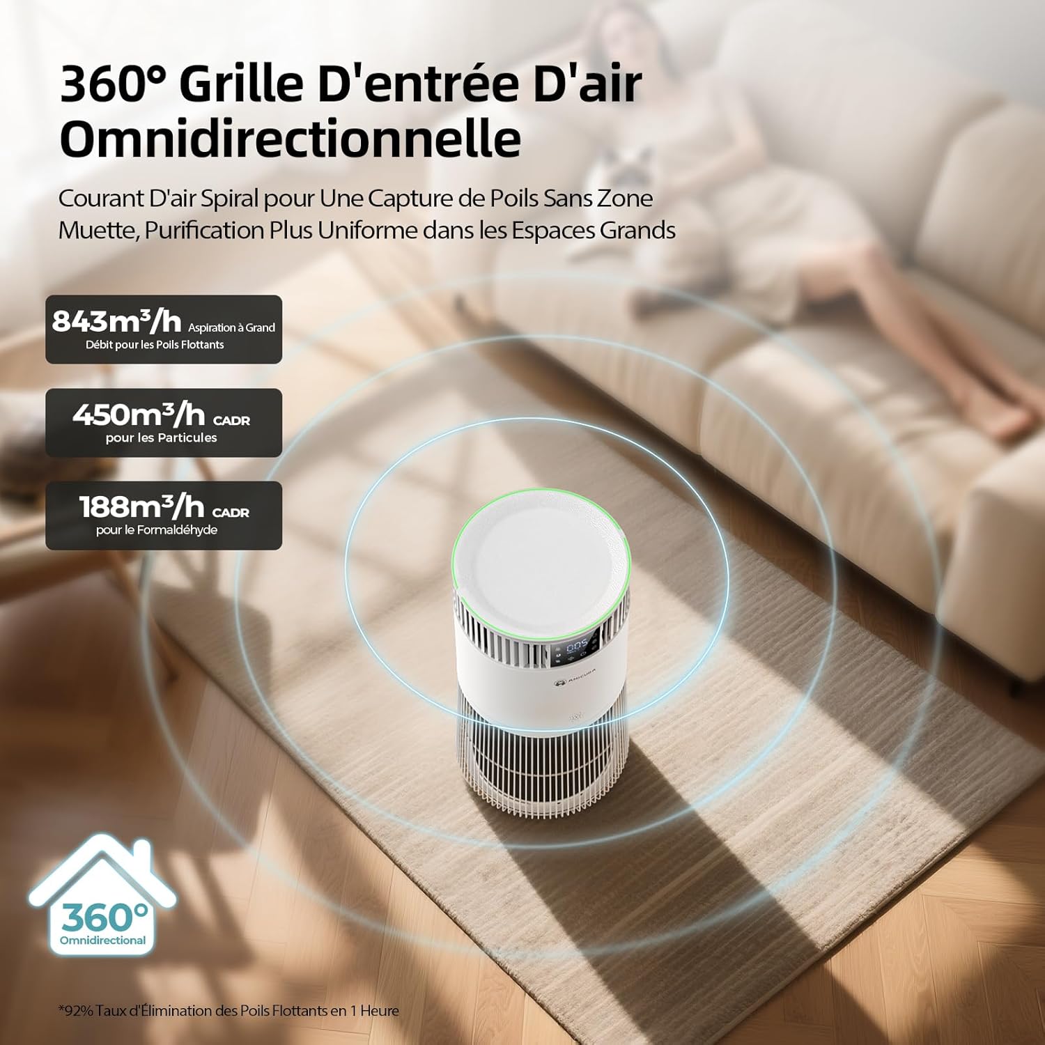 Amicura P2 Hepa Air Purifier for Animals and Allergic People, 843 m³/h CADR Against Animal Hair, H13 Hepa Hospital Filter, 450 m³/h Particles, App Control