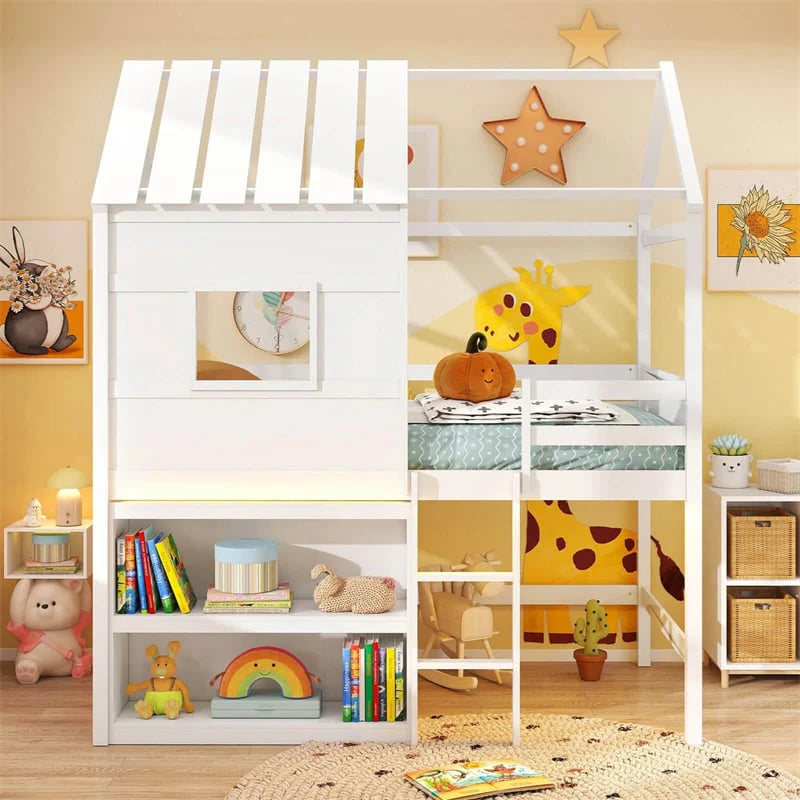 Twin Loft Bed with LED Lights, Wooden House Bed with Roof, Window, Storage Bookshelf, Ladder - Product image 2