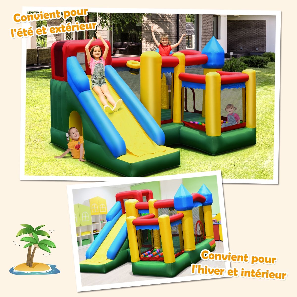 4 in 1 Inflatable Castle for Children 3-10 Years Old with Slide Jumping Area Climbing Wall Basketball Hoop -