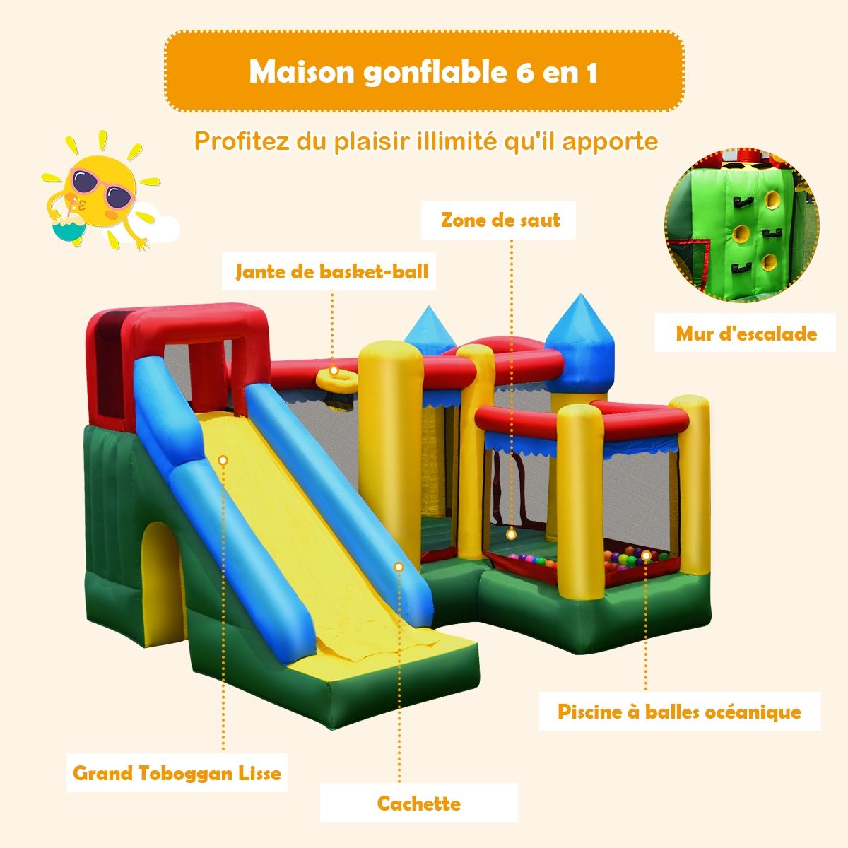 4 in 1 Inflatable Castle for Children 3-10 Years Old with Slide Jumping Area Climbing Wall Basketball Hoop -