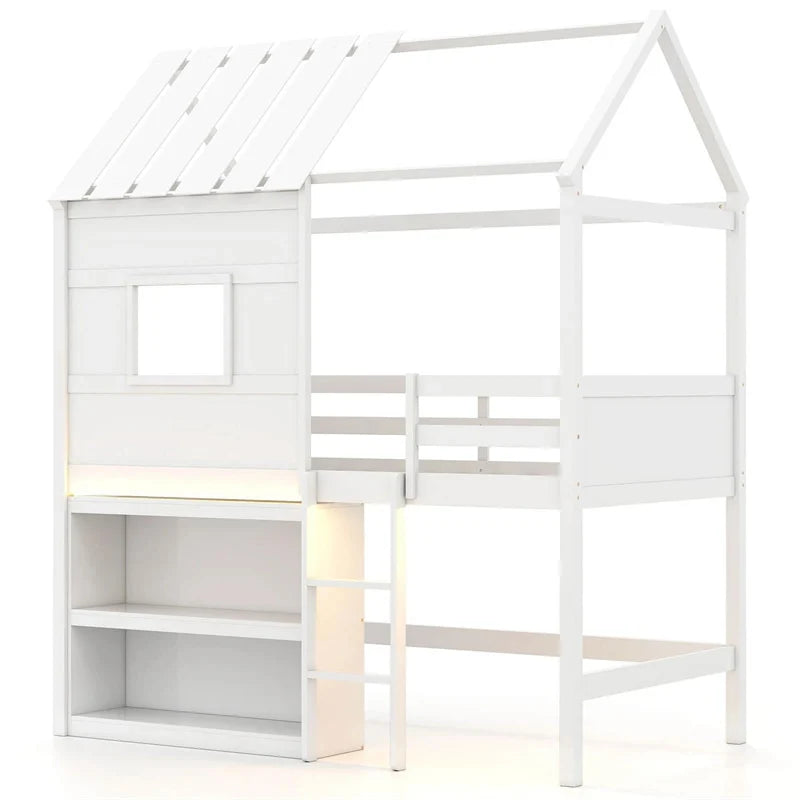 Twin Loft Bed with LED Lights, Wooden House Bed with Roof, Window, Storage Bookshelf, Ladder - Product image 3