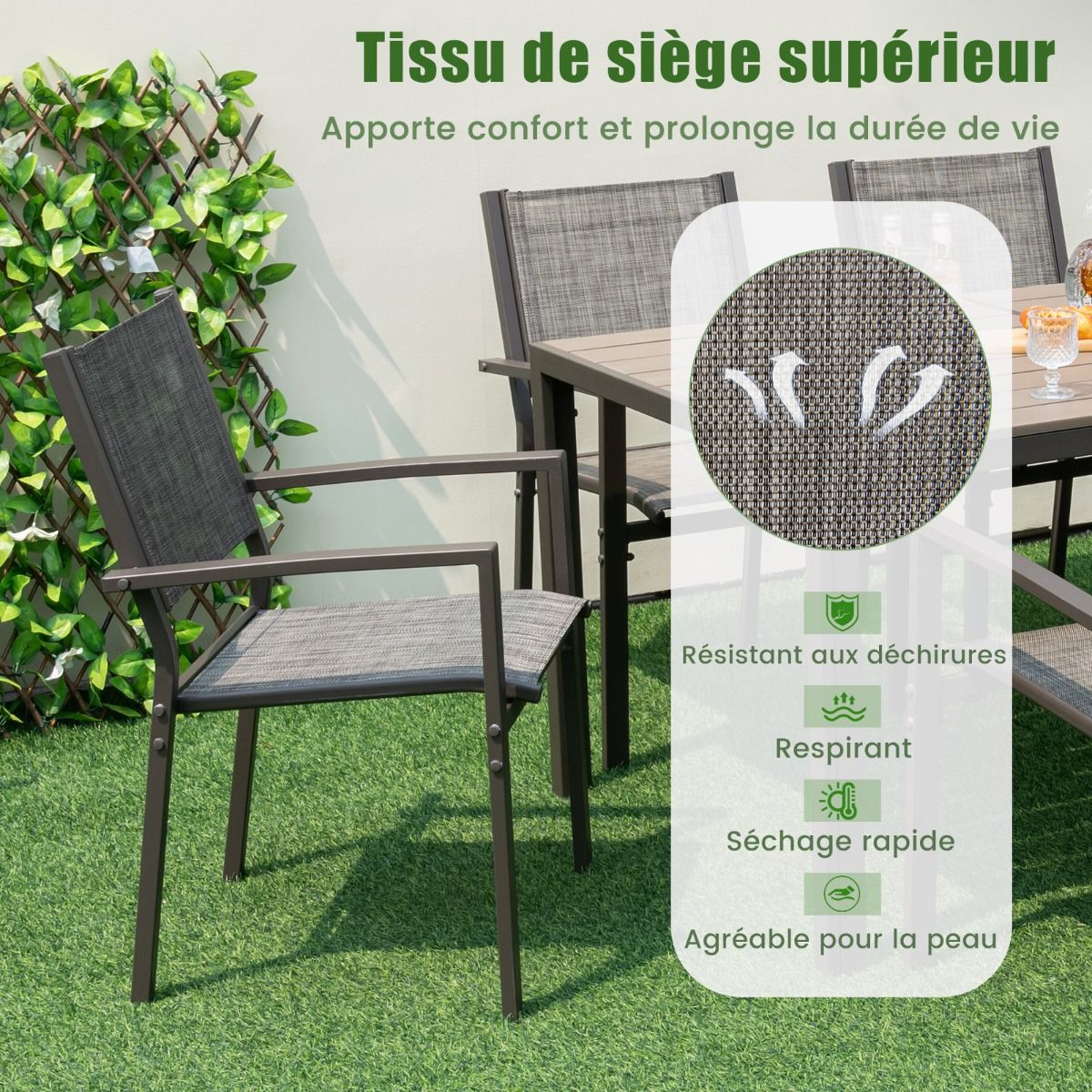 7 Piece Patio Furniture Set for 6 People Garden Furniture Set with 6 Stackable Chairs and Rectangular Table Gray -