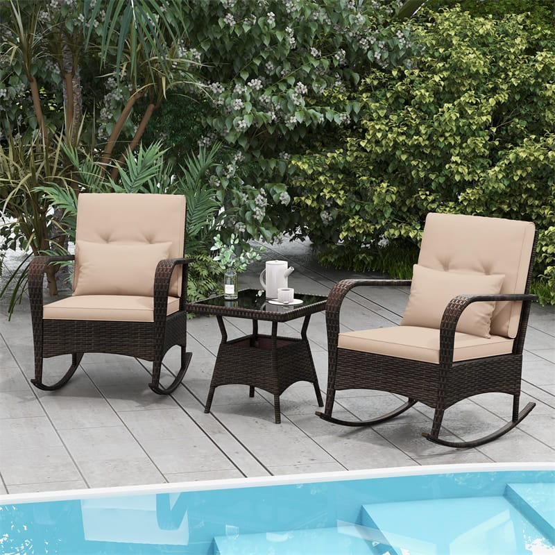 3-Piece Outdoor Wicker Rocking Chair Set, Rattan Bistro Rocker Furniture with Cushions & Pillows - Product image 3
