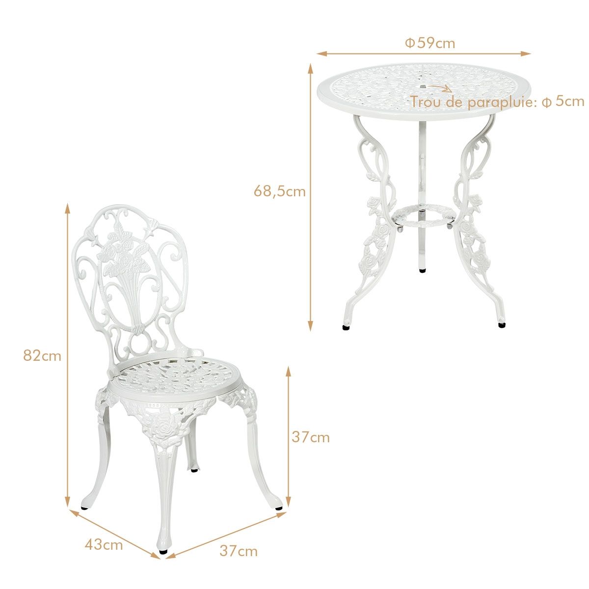 Weather-Resistant White Rose-Shaped Aluminum Garden Table and 2 Chairs Set -