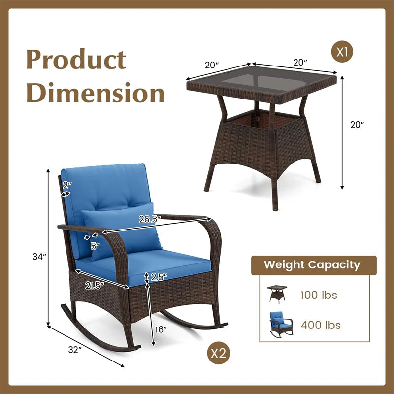 3-Piece Outdoor Wicker Rocking Chair Set, Rattan Bistro Rocker Furniture with Cushions & Pillows - Product image 14