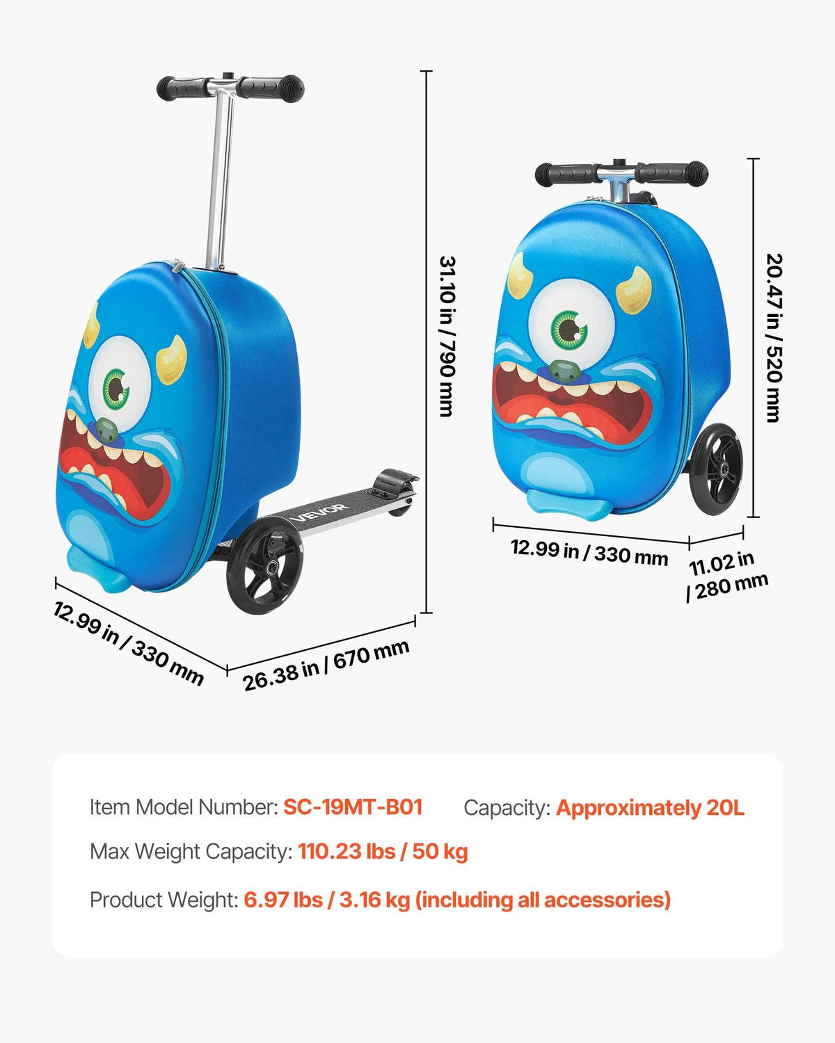 VEVOR Ride - on Luggage 20 - Inch Kids Scooter Suitcase with Flash Wheels Blue - Product image 7