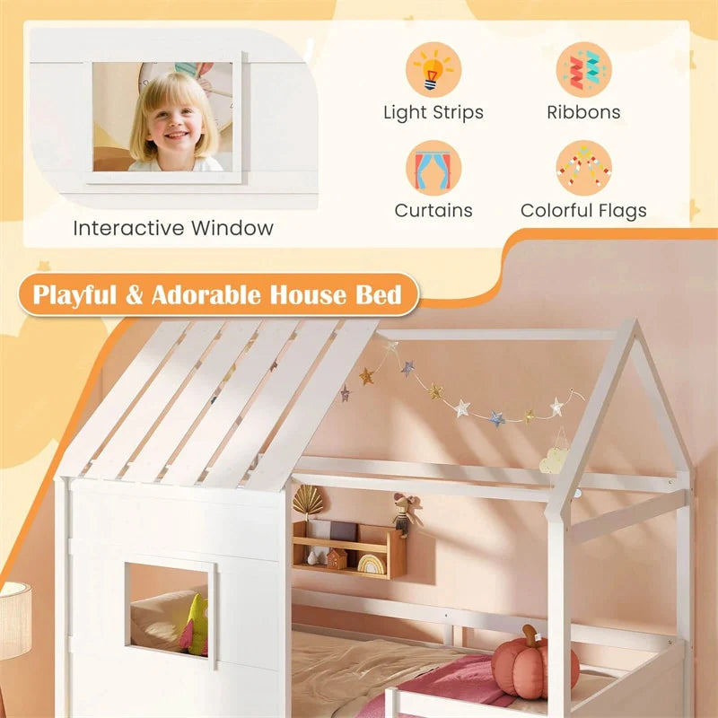 Twin Loft Bed with LED Lights, Wooden House Bed with Roof, Window, Storage Bookshelf, Ladder - Product image 5