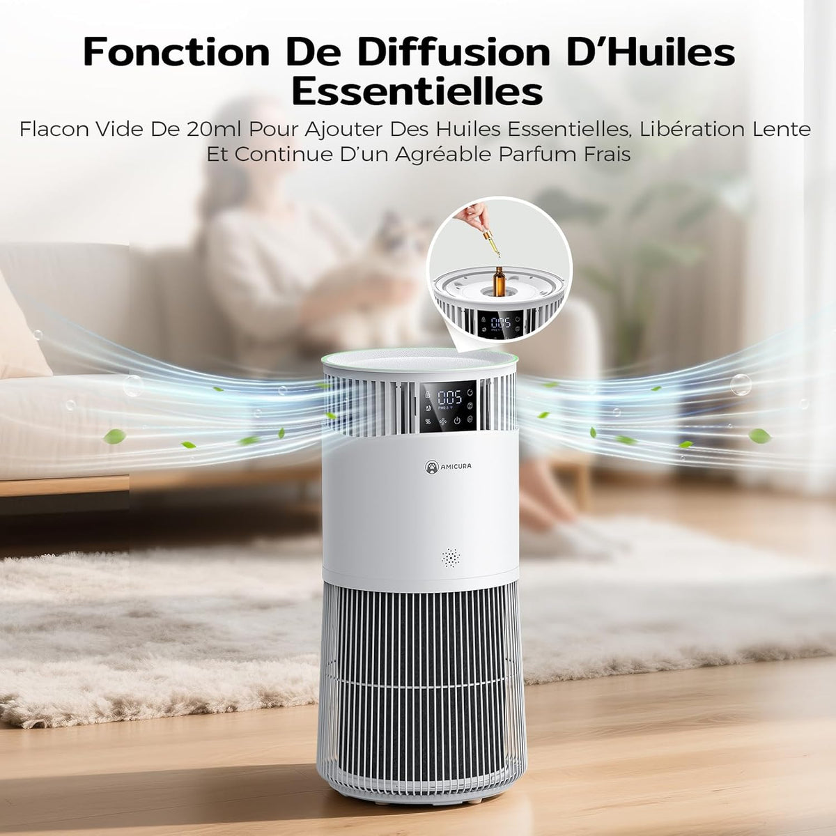 Amicura P2 Hepa Air Purifier for Animals and Allergic People, 843 m³/h CADR Against Animal Hair, H13 Hepa Hospital Filter, 450 m³/h Particles, App Control