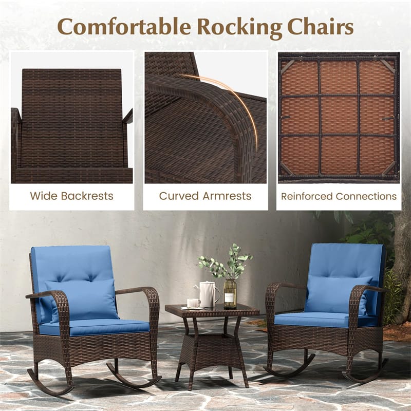 3-Piece Outdoor Wicker Rocking Chair Set, Rattan Bistro Rocker Furniture with Cushions & Pillows - Product image 19