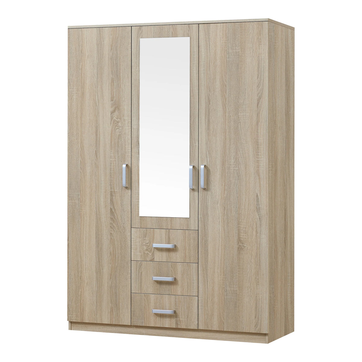 Bedroom wardrobe modern wardrobe timeless storage unit 5 shelves 3 drawers + MDF mirror 176 x 120 x 52 cm sonoma oak effect 03_0006369