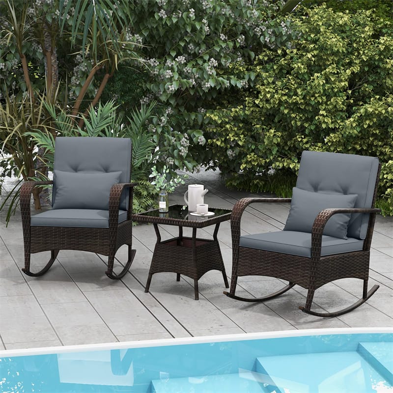 3-Piece Outdoor Wicker Rocking Chair Set, Rattan Bistro Rocker Furniture with Cushions & Pillows - Product image 33