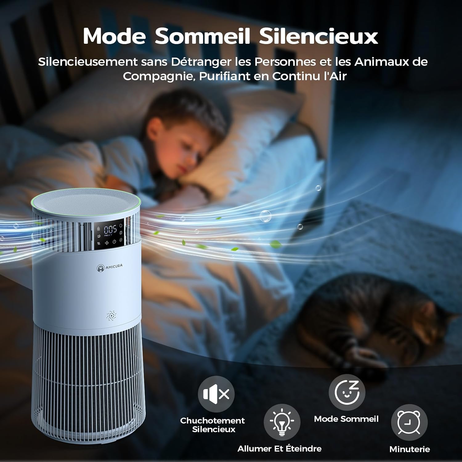 Amicura P2 Hepa Air Purifier for Animals and Allergic People, 843 m³/h CADR Against Animal Hair, H13 Hepa Hospital Filter, 450 m³/h Particles, App Control