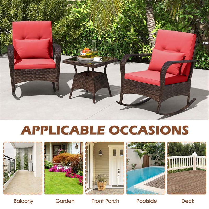3-Piece Outdoor Wicker Rocking Chair Set, Rattan Bistro Rocker Furniture with Cushions & Pillows - Product image 50