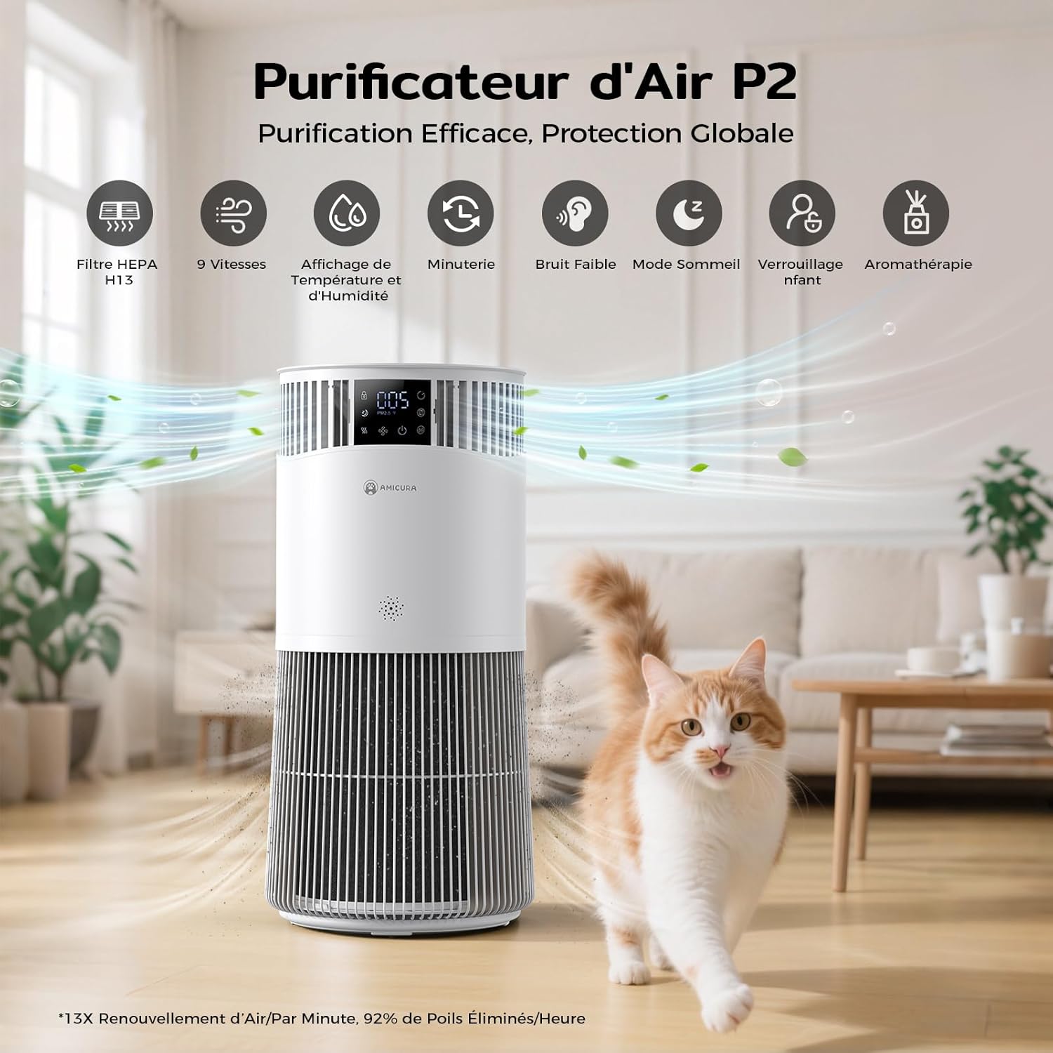 Amicura P2 Hepa Air Purifier for Animals and Allergic People, 843 m³/h CADR Against Animal Hair, H13 Hepa Hospital Filter, 450 m³/h Particles, App Control