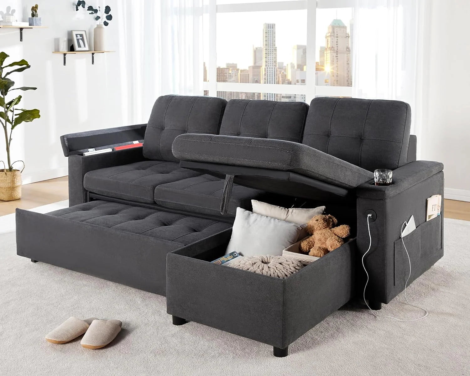 Papajet Sleeper Sofa, Modern Tufted Convertible Sofa Bed, USB Charging Ports & Cup Holders - Product image 4