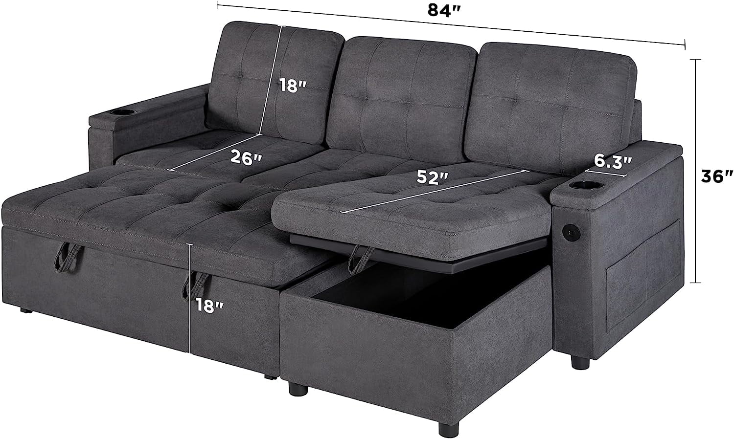 Papajet Sleeper Sofa, Modern Tufted Convertible Sofa Bed, USB Charging Ports & Cup Holders - Product image 2