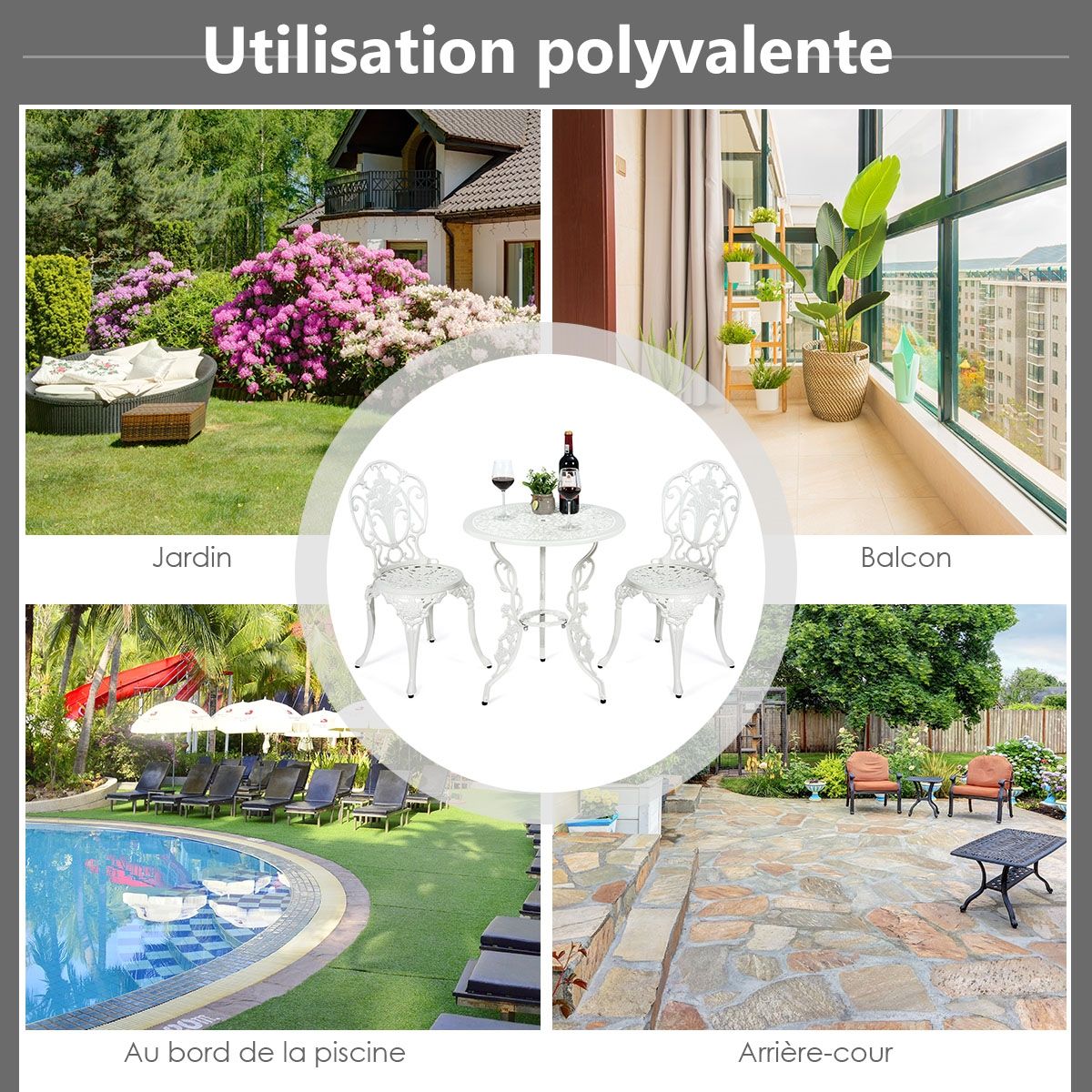Weather-Resistant White Rose-Shaped Aluminum Garden Table and 2 Chairs Set -