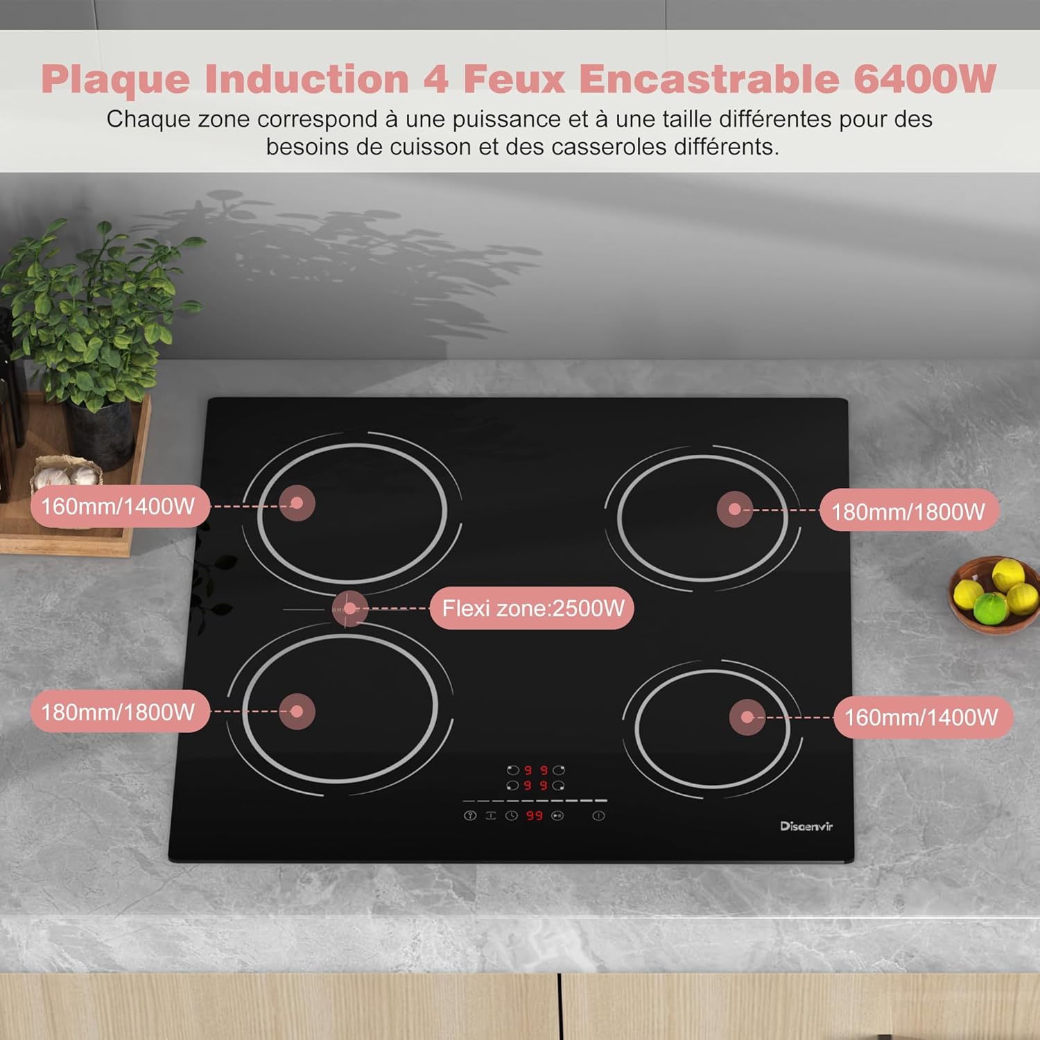 6400W Built-in 4 Burner Induction Hob, Flexible Zone Induction Hob, 60cm Electric Hob, Pause Function, 9 Levels, Touch Control, Timer, Child Lock