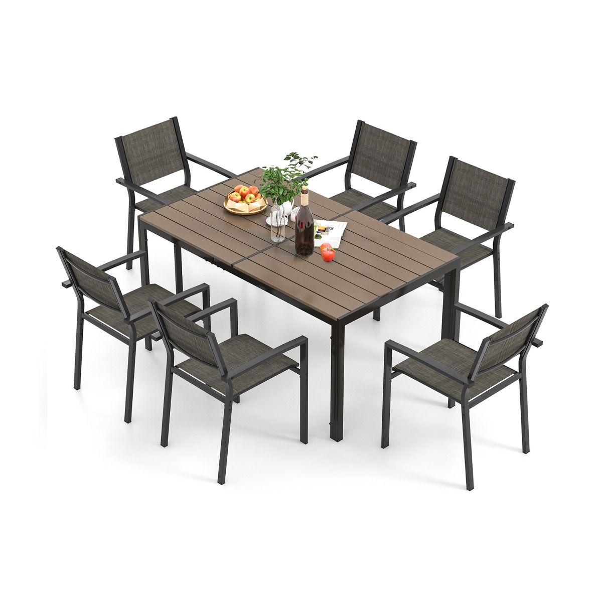 7 Piece Patio Furniture Set for 6 People Garden Furniture Set with 6 Stackable Chairs and Rectangular Table Gray -