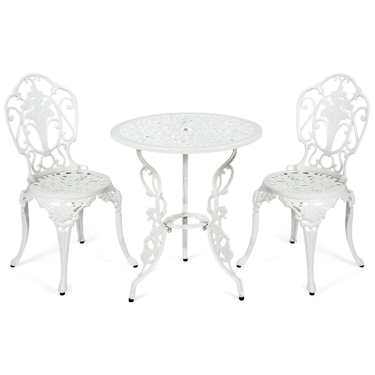 Weather-Resistant White Rose-Shaped Aluminum Garden Table and 2 Chairs Set -