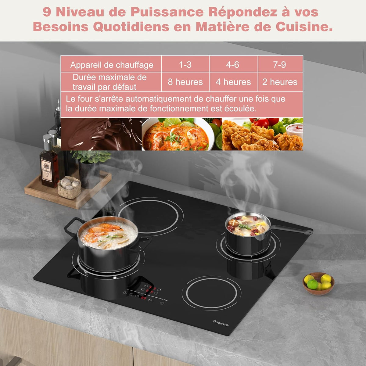 6400W Built-in 4 Burner Induction Hob, Flexible Zone Induction Hob, 60cm Electric Hob, Pause Function, 9 Levels, Touch Control, Timer, Child Lock