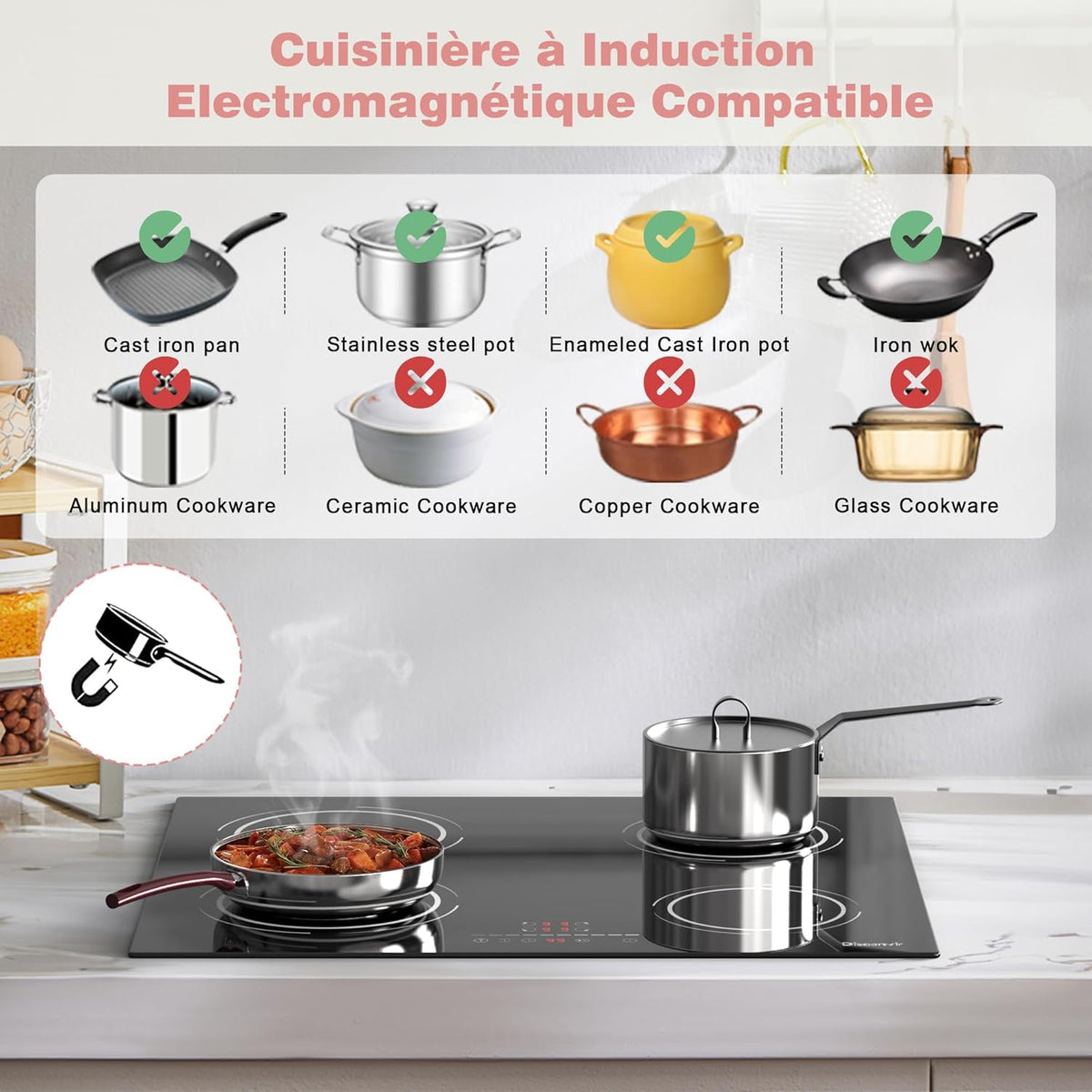 6400W Built-in 4 Burner Induction Hob, Flexible Zone Induction Hob, 60cm Electric Hob, Pause Function, 9 Levels, Touch Control, Timer, Child Lock