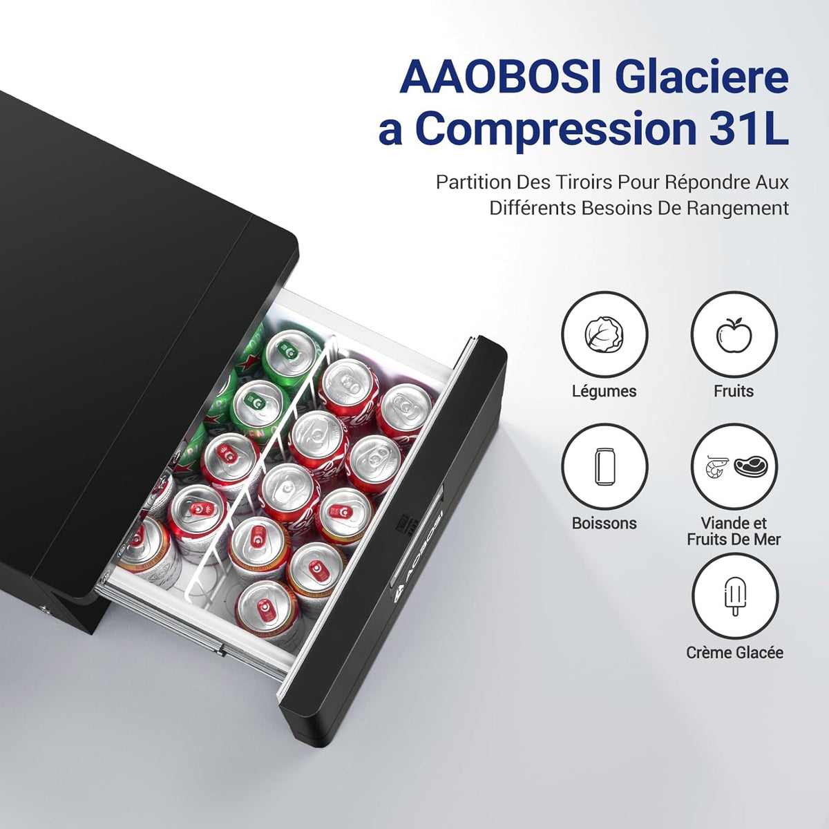 AAOBOSI 31L Drawer Electric Cooler, Compression Cooler with APP, Caravan Cooler 12V/24V, -20℃ to 20℃ Electric Cooler for Car, Truck, Boat, Motorhome