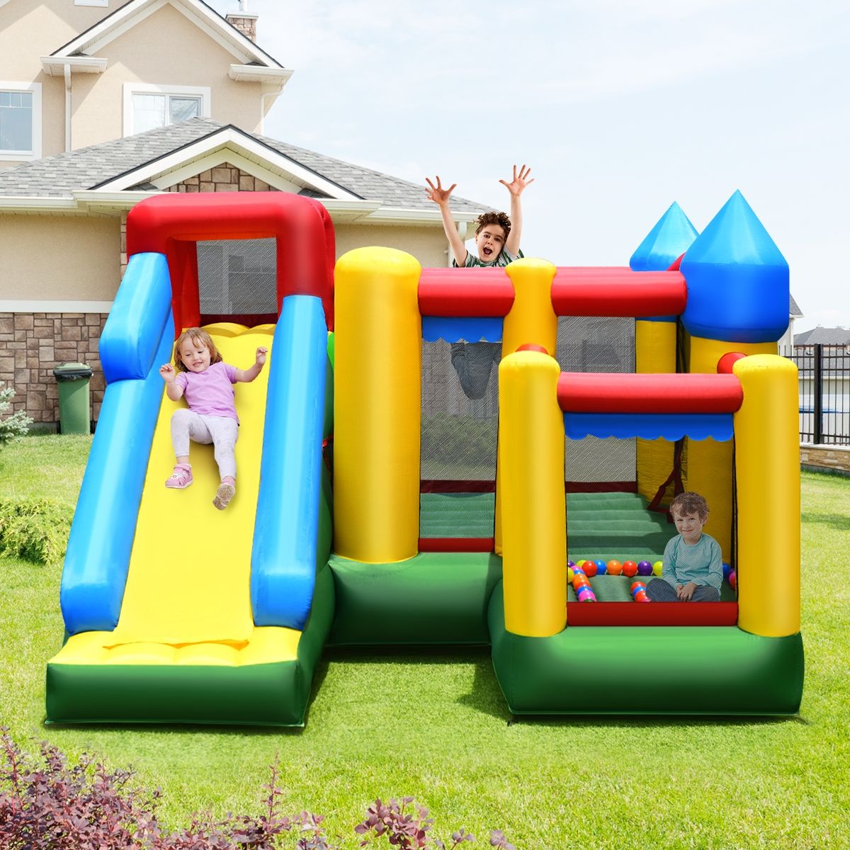 4 in 1 Inflatable Castle for Children 3-10 Years Old with Slide Jumping Area Climbing Wall Basketball Hoop -