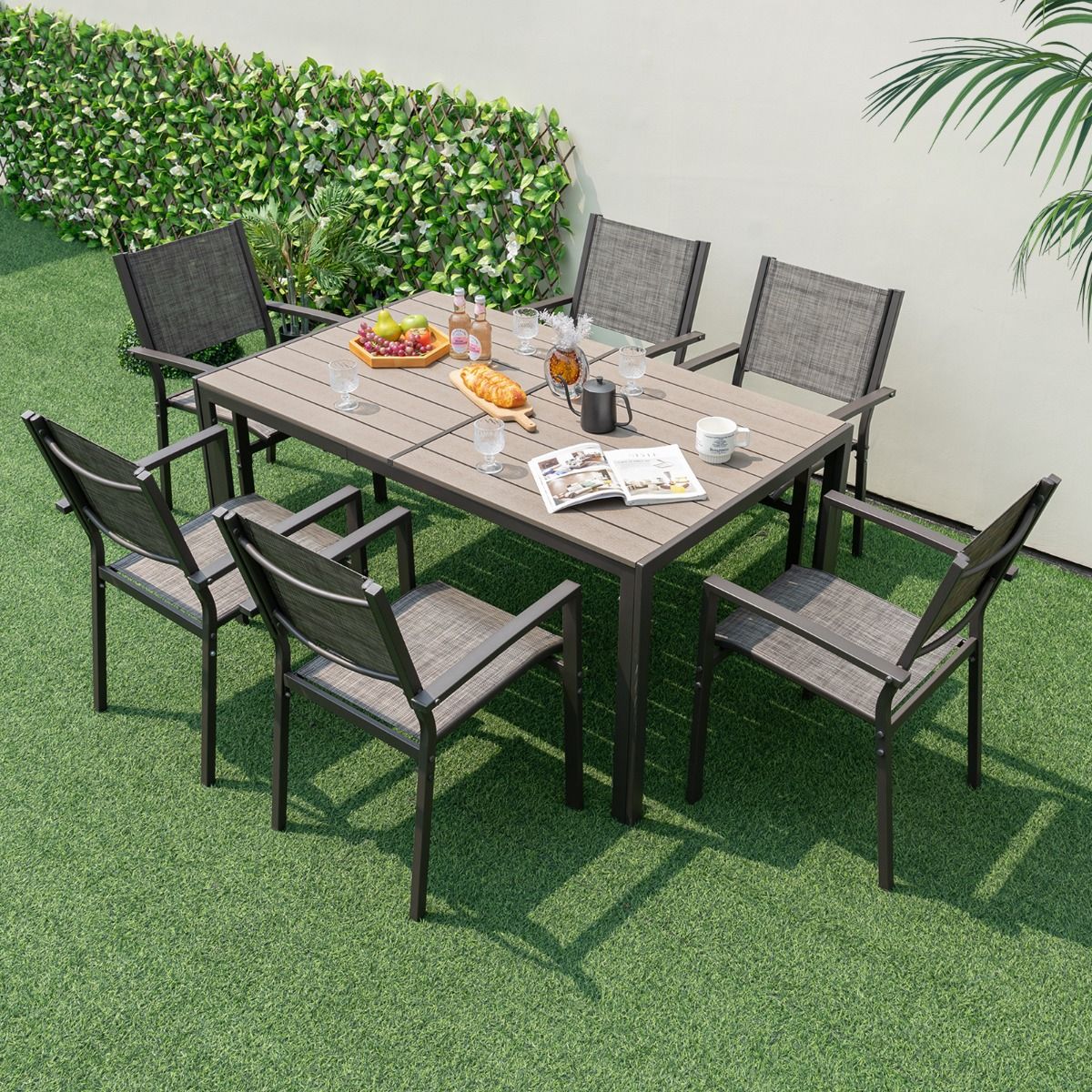 7 Piece Patio Furniture Set for 6 People Garden Furniture Set with 6 Stackable Chairs and Rectangular Table Gray -