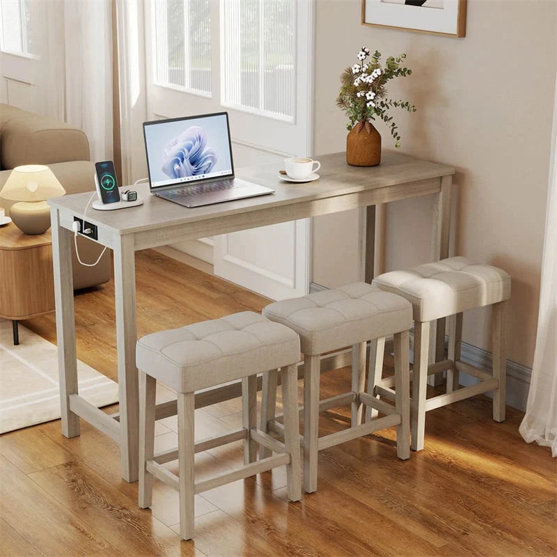 4-Piece Bar Table Set with Charging Station, 59" Counter Height Breakfast Nook Dining Set with 3 Padded - Product image 2