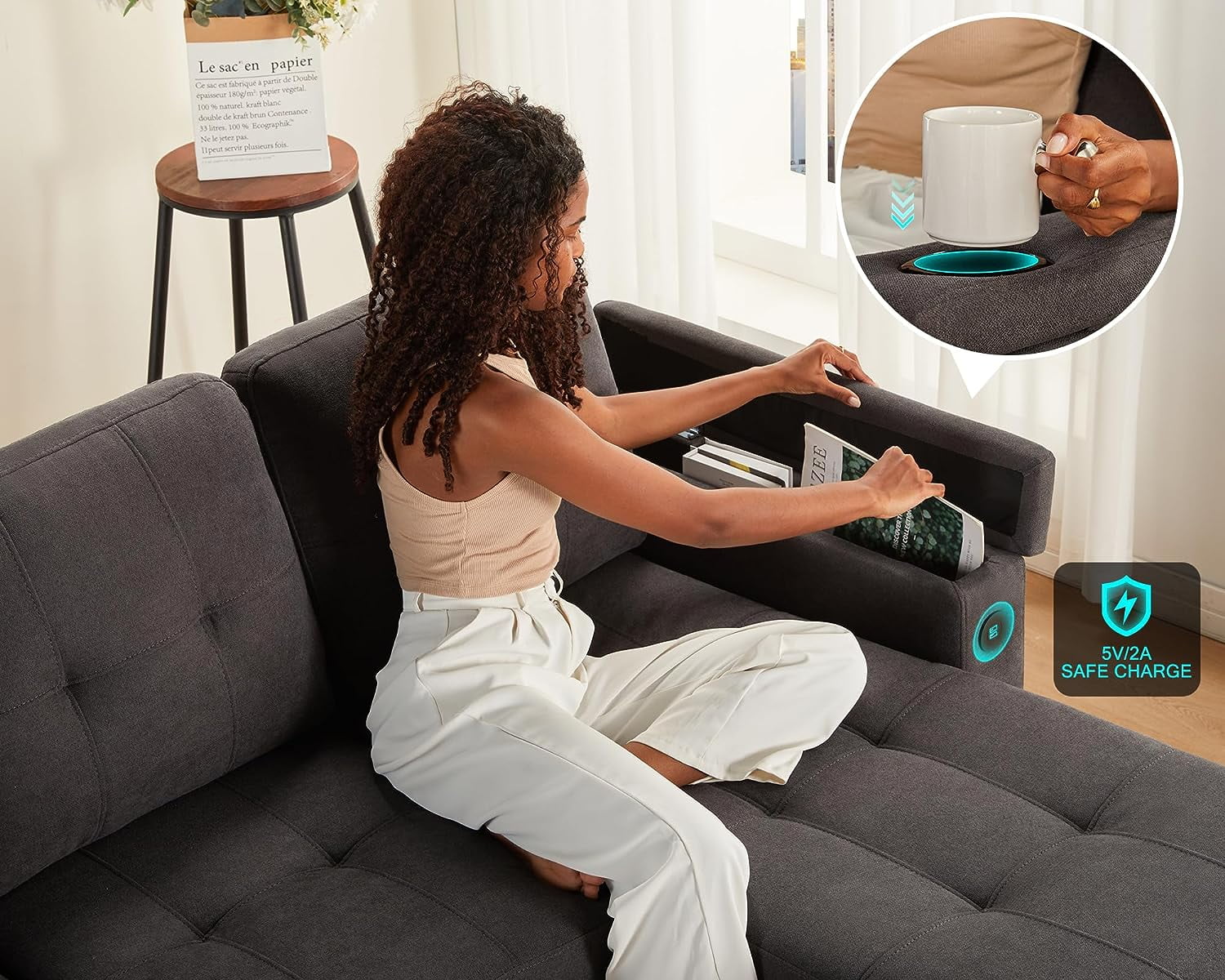 Papajet Sleeper Sofa, Modern Tufted Convertible Sofa Bed, USB Charging Ports & Cup Holders - Product image 3