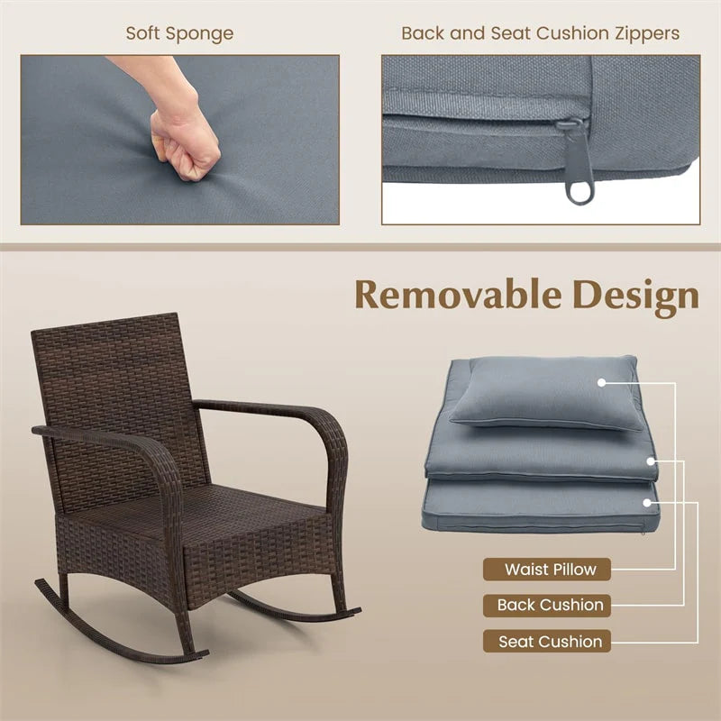 3-Piece Outdoor Wicker Rocking Chair Set, Rattan Bistro Rocker Furniture with Cushions & Pillows - Product image 36