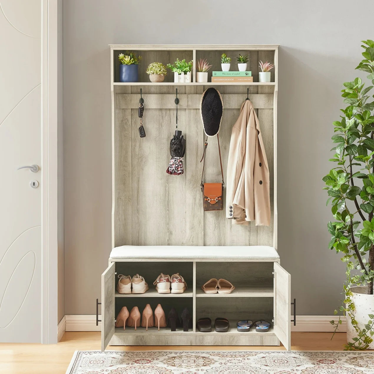 Entryway Hall Tree with Storage Bench, Wooden Coat Rack with Sponge Pad and 4 Dual Hooks - Product image 12