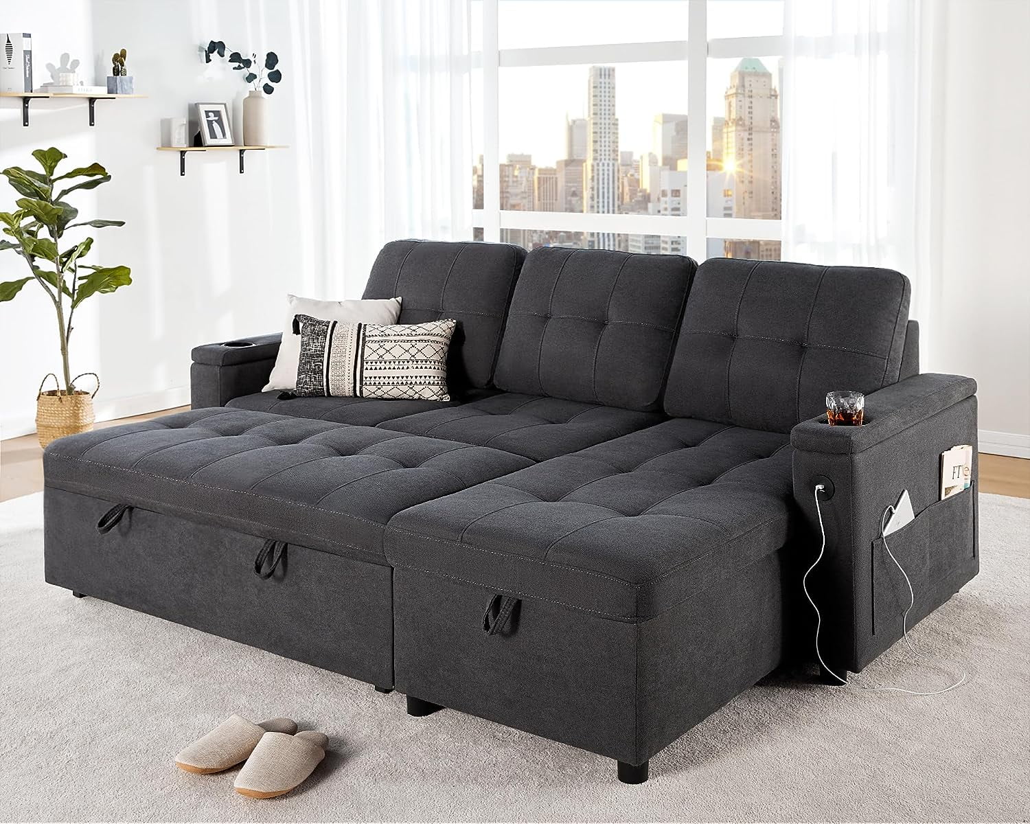 Papajet Sleeper Sofa, Modern Tufted Convertible Sofa Bed, USB Charging Ports & Cup Holders - Product image 1