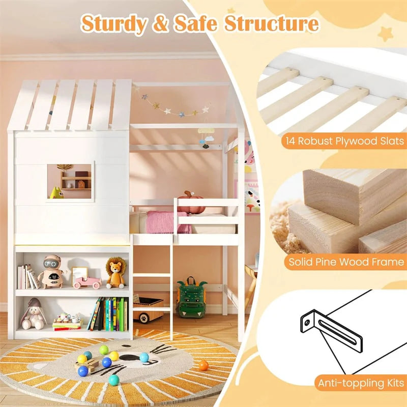 Twin Loft Bed with LED Lights, Wooden House Bed with Roof, Window, Storage Bookshelf, Ladder - Product image 7