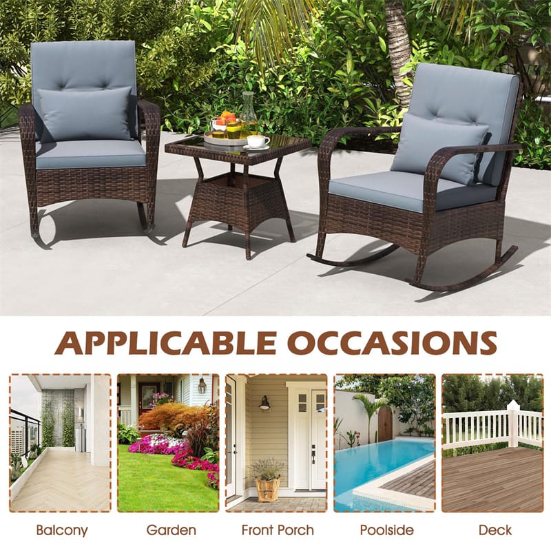 3-Piece Outdoor Wicker Rocking Chair Set, Rattan Bistro Rocker Furniture with Cushions & Pillows - Product image 40