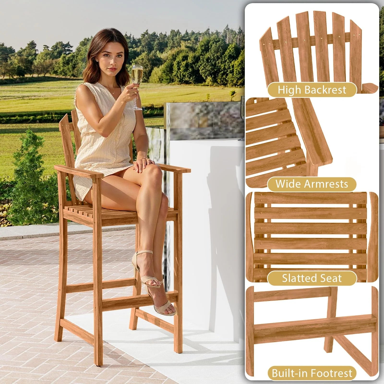 Tangkula Tall Adirondack Chair - Outdoor Acacia Wood Bar Stool with Back - Product image 7