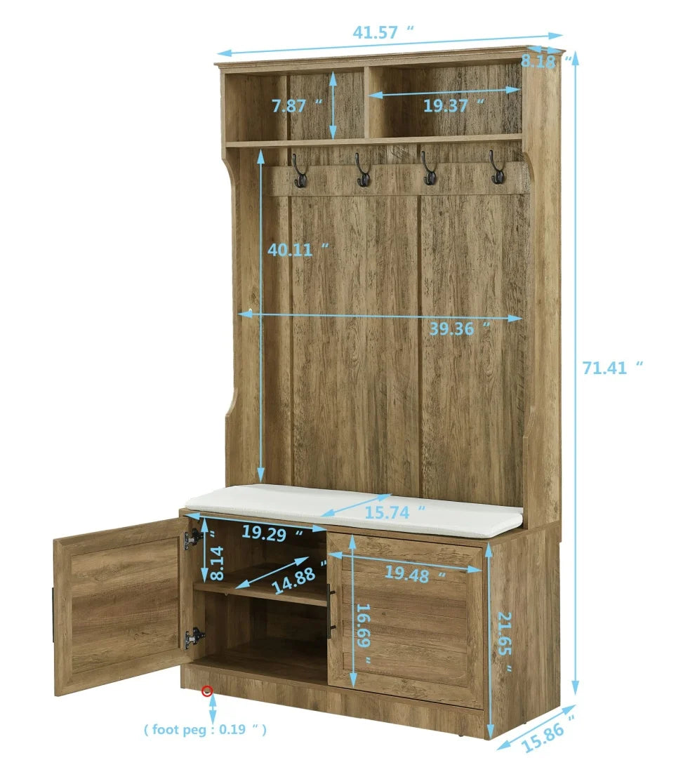 Entryway Hall Tree with Storage Bench, Wooden Coat Rack with Sponge Pad and 4 Dual Hooks - Product image 11