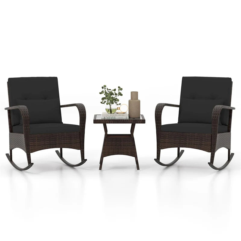 3-Piece Outdoor Wicker Rocking Chair Set, Rattan Bistro Rocker Furniture with Cushions & Pillows - Product image 21