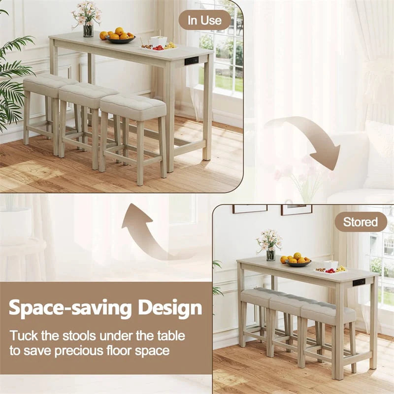 4-Piece Bar Table Set with Charging Station, 59" Counter Height Breakfast Nook Dining Set with 3 Padded - Product image 9