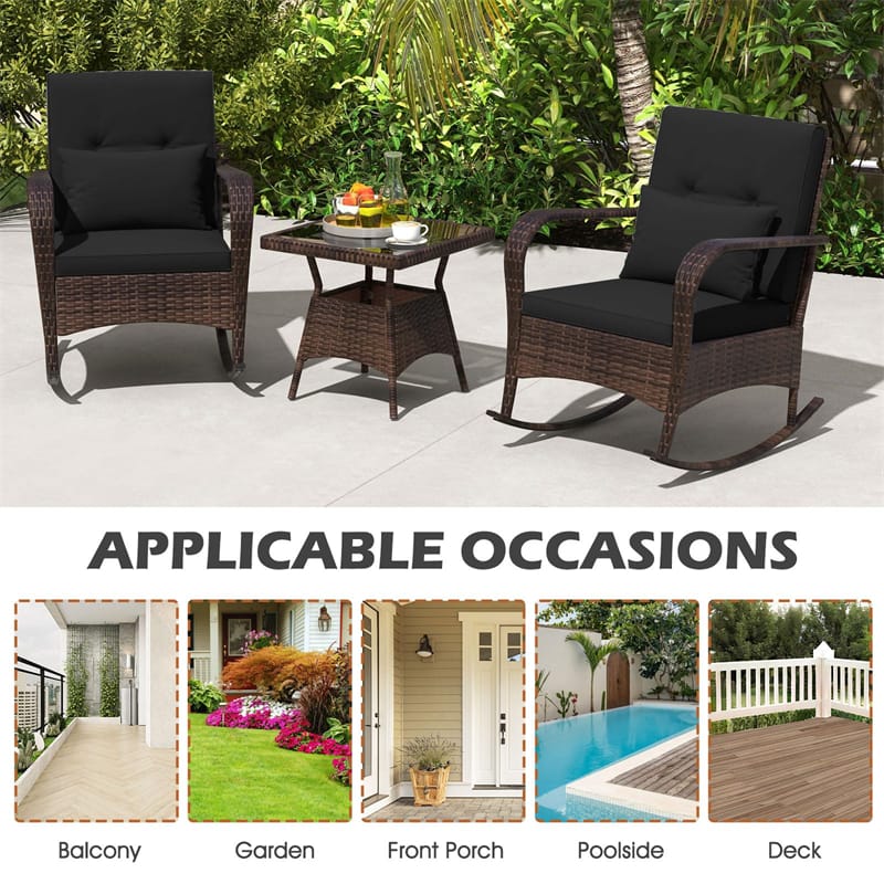 3-Piece Outdoor Wicker Rocking Chair Set, Rattan Bistro Rocker Furniture with Cushions & Pillows - Product image 30