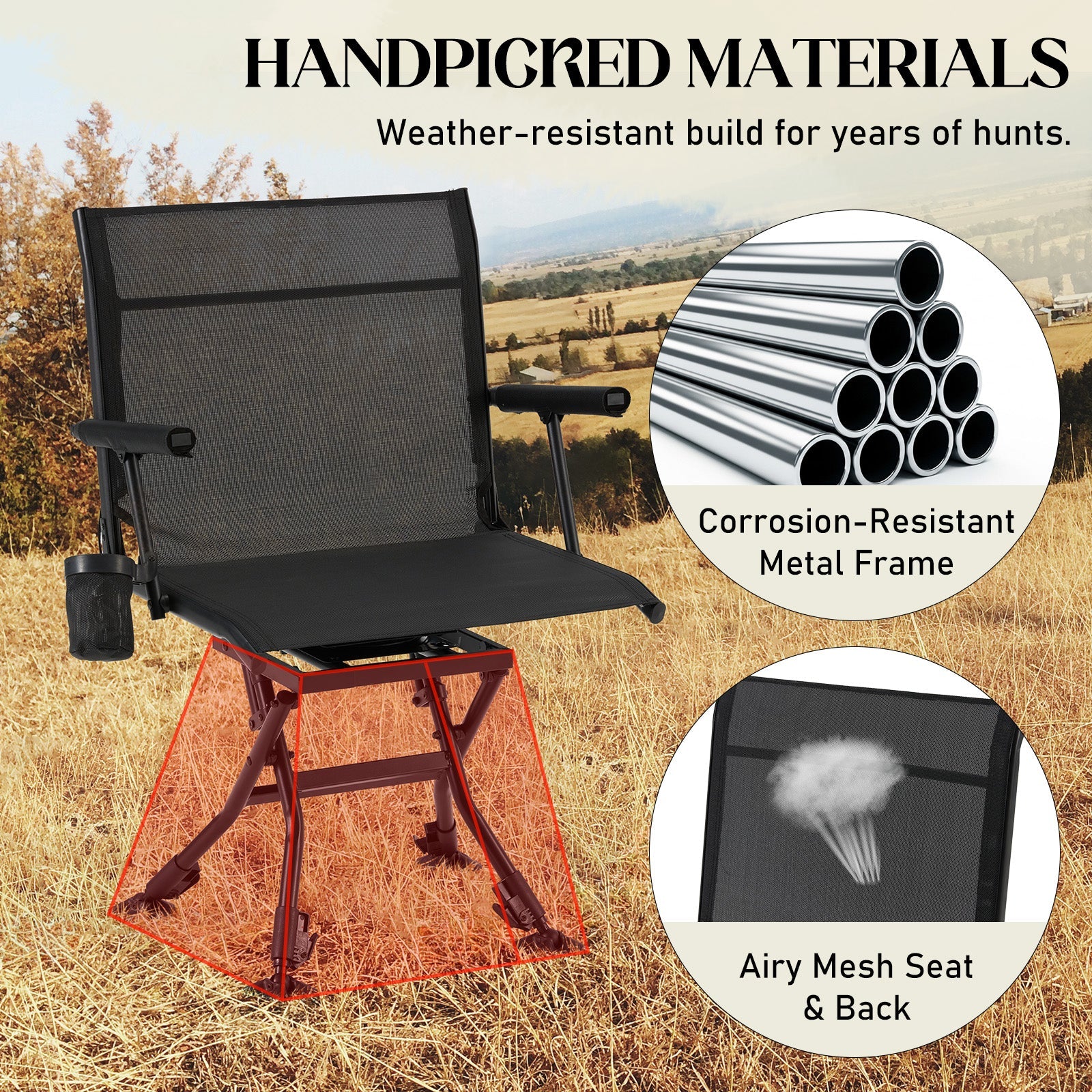 AECOJOY Folding Hunting Swivel Chair, Compact Storage Design, Black Steel Frame for Outdoor Shooting & - Product image 7