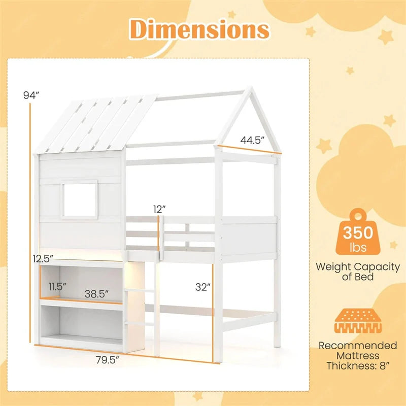 Twin Loft Bed with LED Lights, Wooden House Bed with Roof, Window, Storage Bookshelf, Ladder - Product image 4