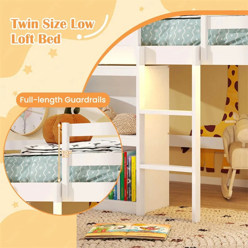 Twin Loft Bed with LED Lights, Wooden House Bed with Roof, Window, Storage Bookshelf, Ladder - Product image 6