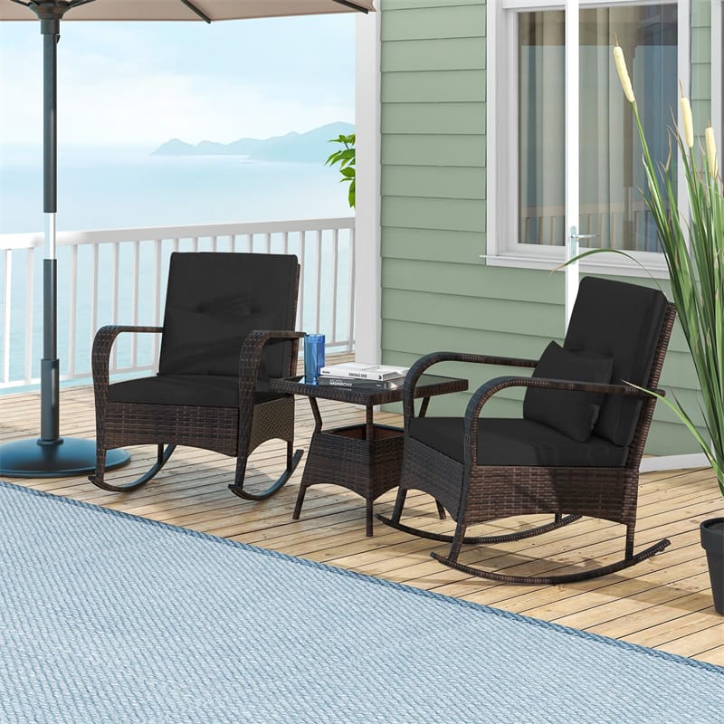 3-Piece Outdoor Wicker Rocking Chair Set, Rattan Bistro Rocker Furniture with Cushions & Pillows - Product image 29
