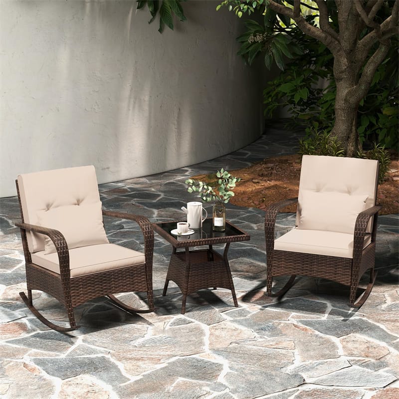 3-Piece Outdoor Wicker Rocking Chair Set, Rattan Bistro Rocker Furniture with Cushions & Pillows - Product image 2